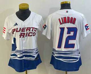 Women%27s Puerto Rico Baseball #12 Francisco Lindor 2023 White World Classic Stitched Jersey